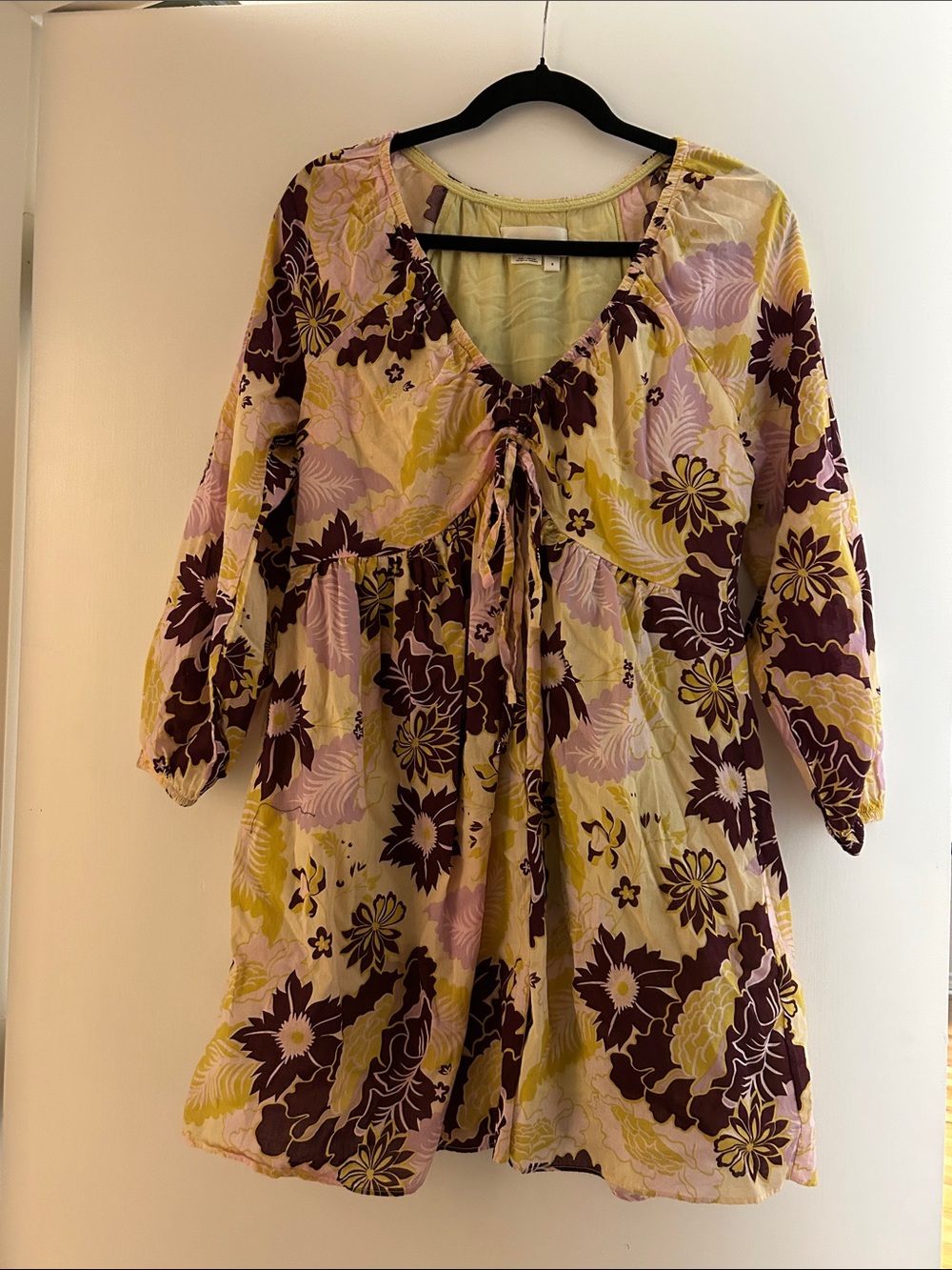 By Anthropologie Yellow Floral V-Neck Mini Dress - Retro - Cinched Women's small
